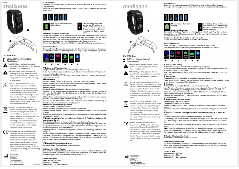 Page 1 de la notice Manuel utilisateur Medisana ViFit Run