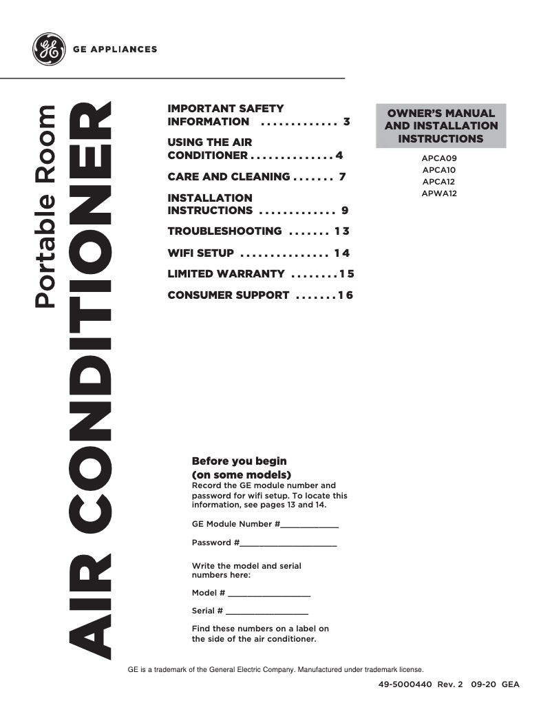 Page 1 de la notice Manuel utilisateur GE APCA12XYLW