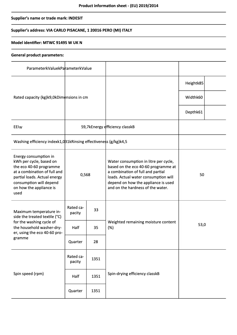 Page n°1 - Fiche technique Indesit MTWC 91495 W UK N