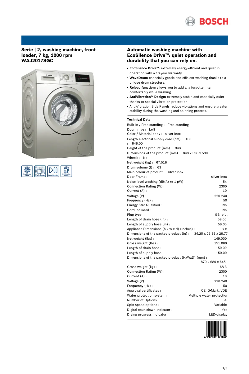 Image de la première page du manuel de l'appareil WAJ2017SGC