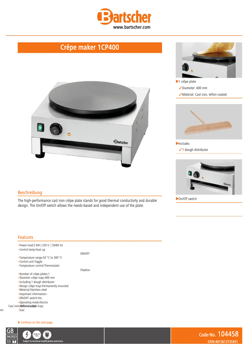 Page n°1 - Fiche technique Bartscher 1CP400