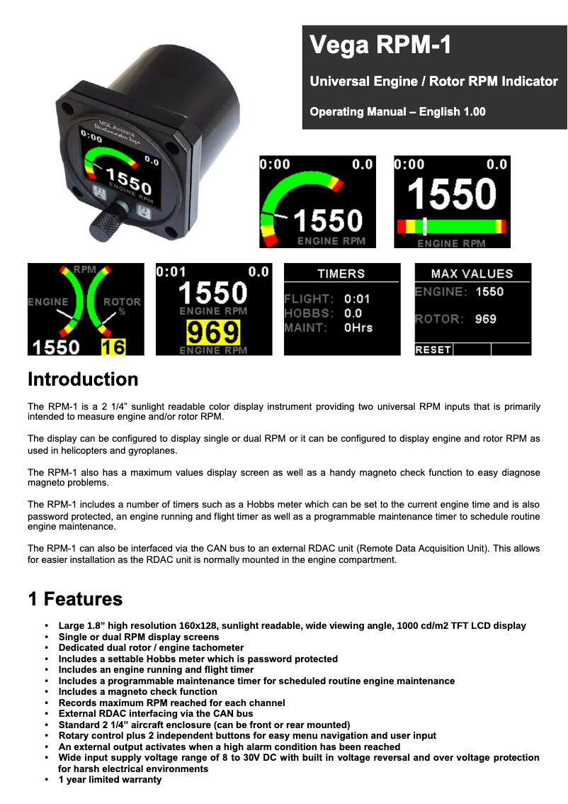 Page n°1 - Manuel utilisateur MGL Avionics RPM-1