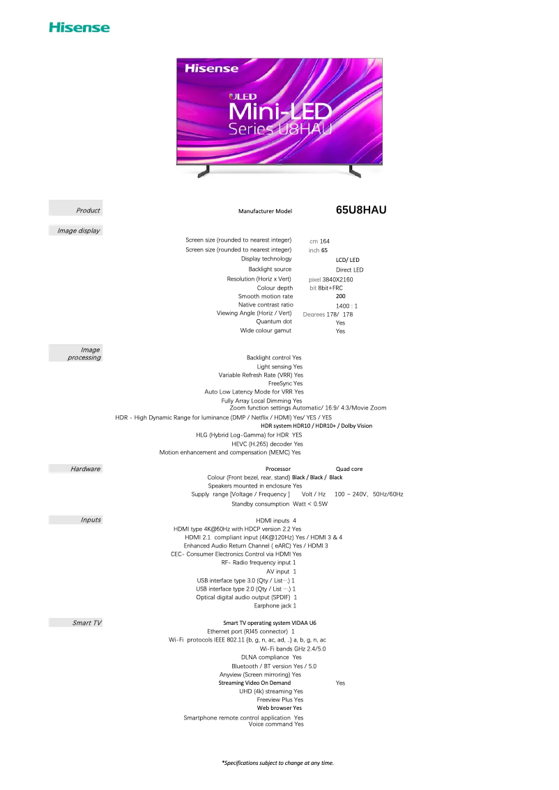 Image de la première page du manuel de l'appareil 65U8HAU