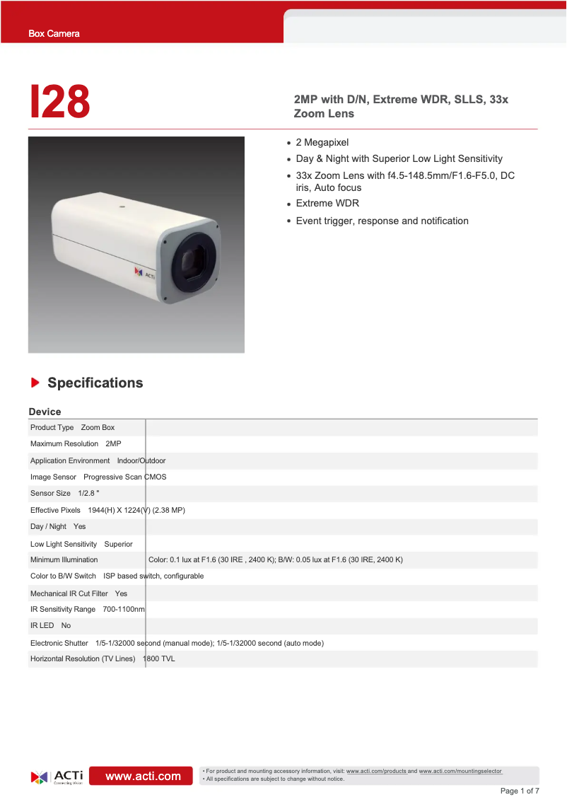Page n°1 - Fiche technique ACTi I28