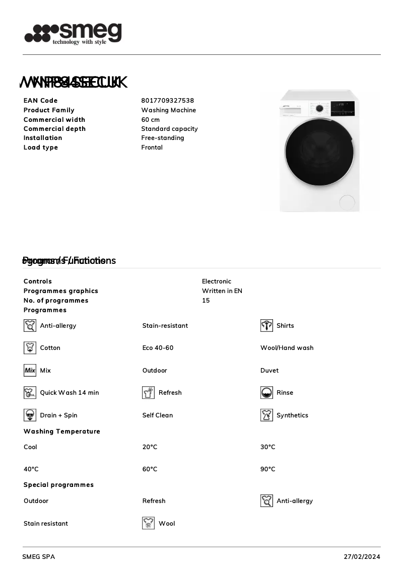 Page n°1 - Fiche technique Smeg WNP84SECUK