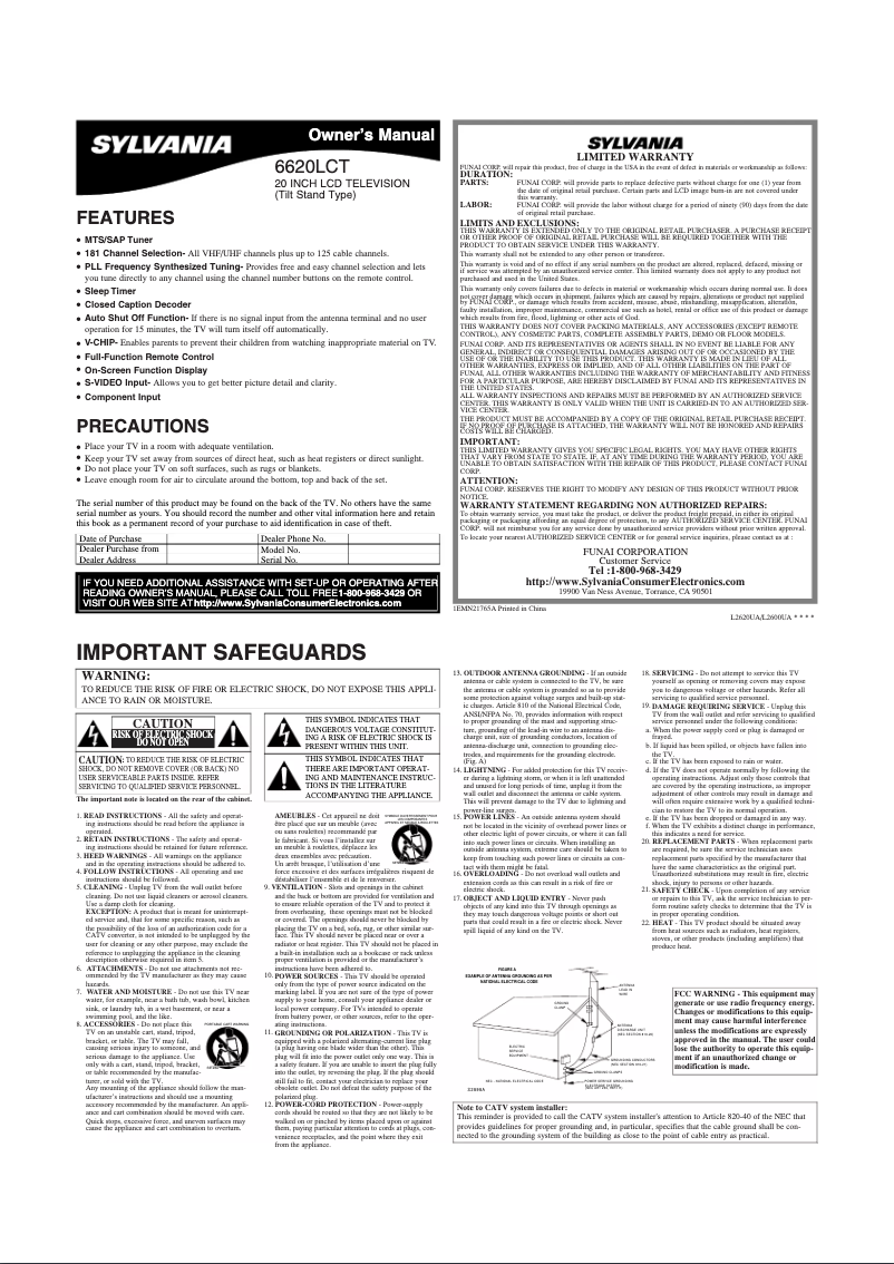 Page n°1 - Manuel utilisateur Sylvania 6620LCT