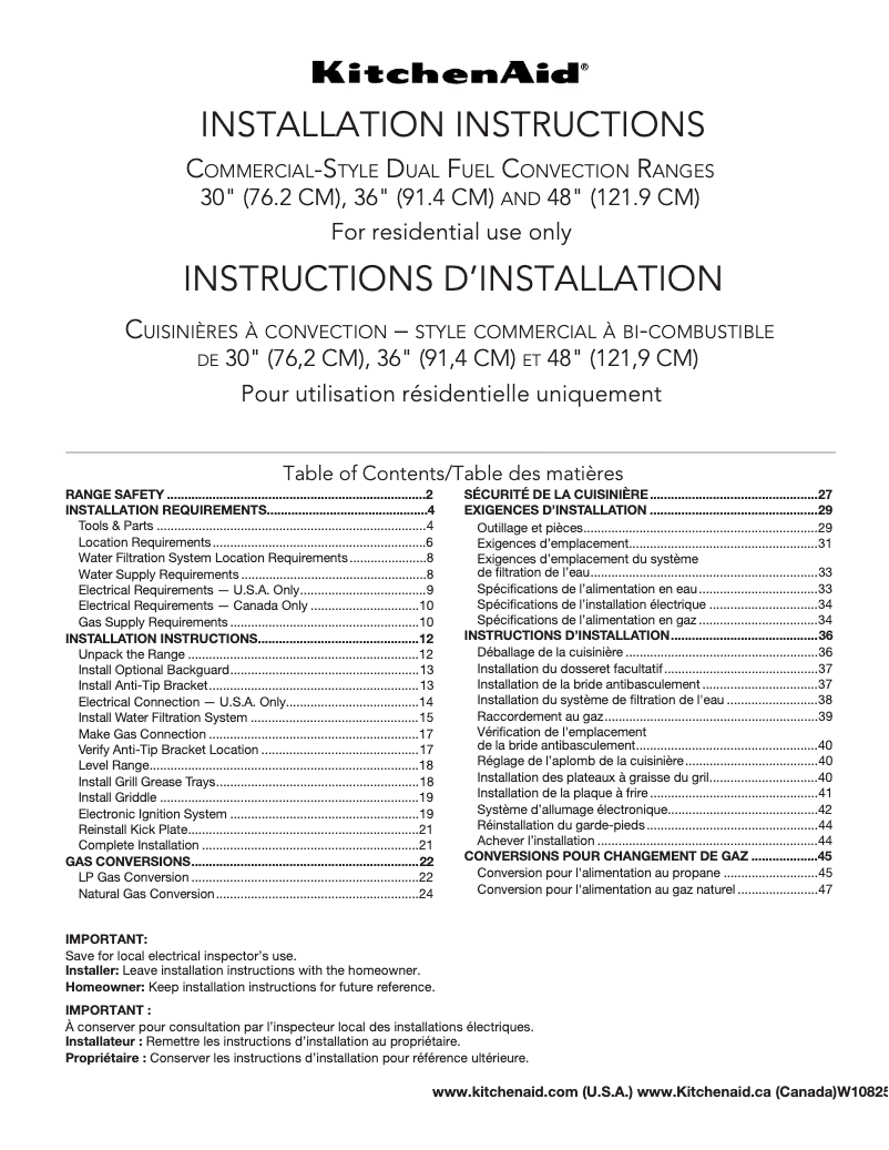 Page 1 de la notice Guide d'installation KitchenAid KDRS407VBU