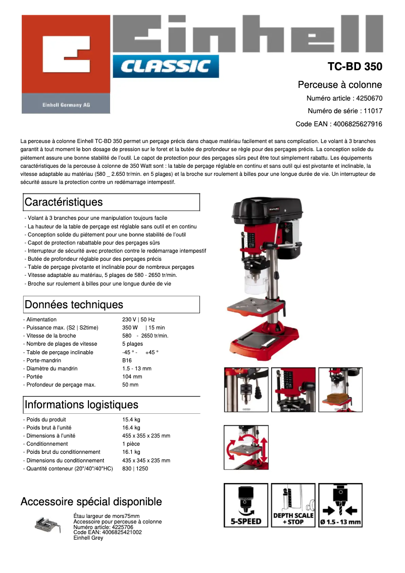 Page 1 de la notice Fiche technique Einhell TC-BD 350