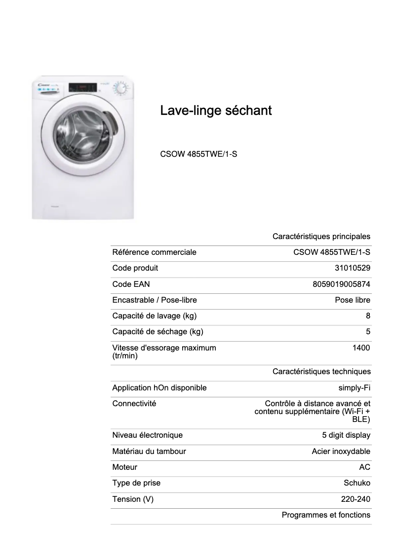 Page 1 de la notice Fiche technique Candy CSOW 4855TWE/1-S