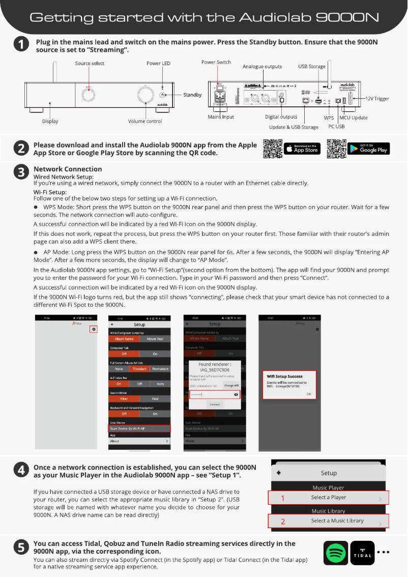 Page 1 de la notice Guide de démarrage rapide Audiolab 9000N