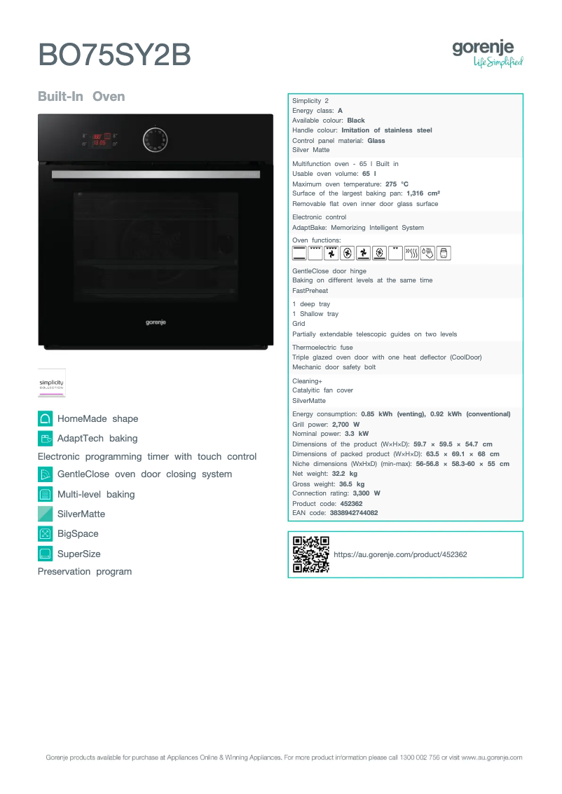 Page n°1 - Fiche technique Gorenje BO75SY2B