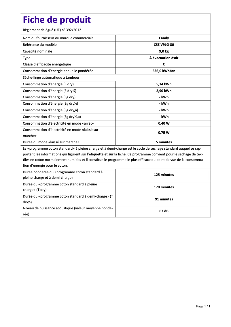 Page n°1 - Fiche technique Candy CSE V9LG-80