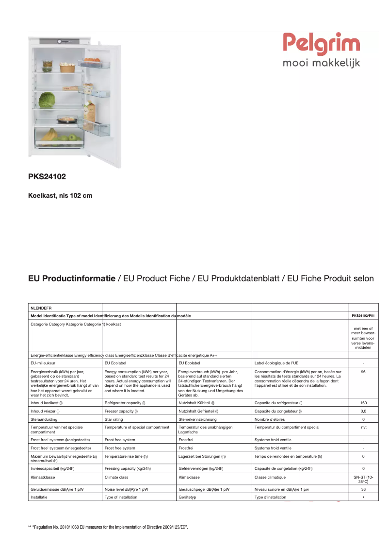 Page 1 de la notice Fiche technique Pelgrim PKS24102