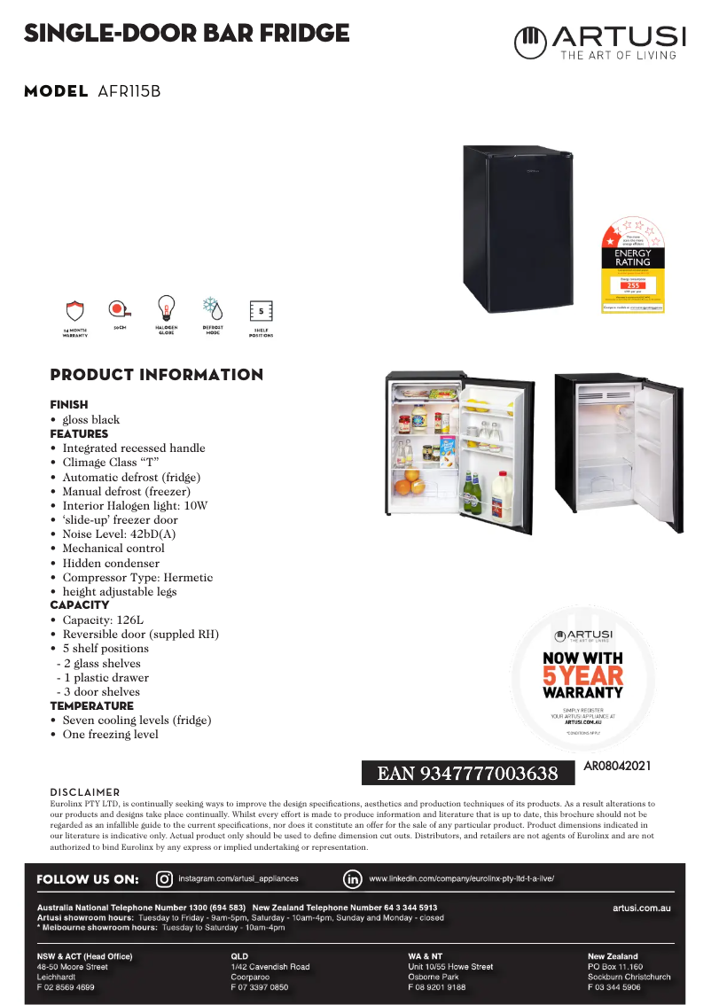 Page 1 of the manual Technical Sheet Artusi AFR115B