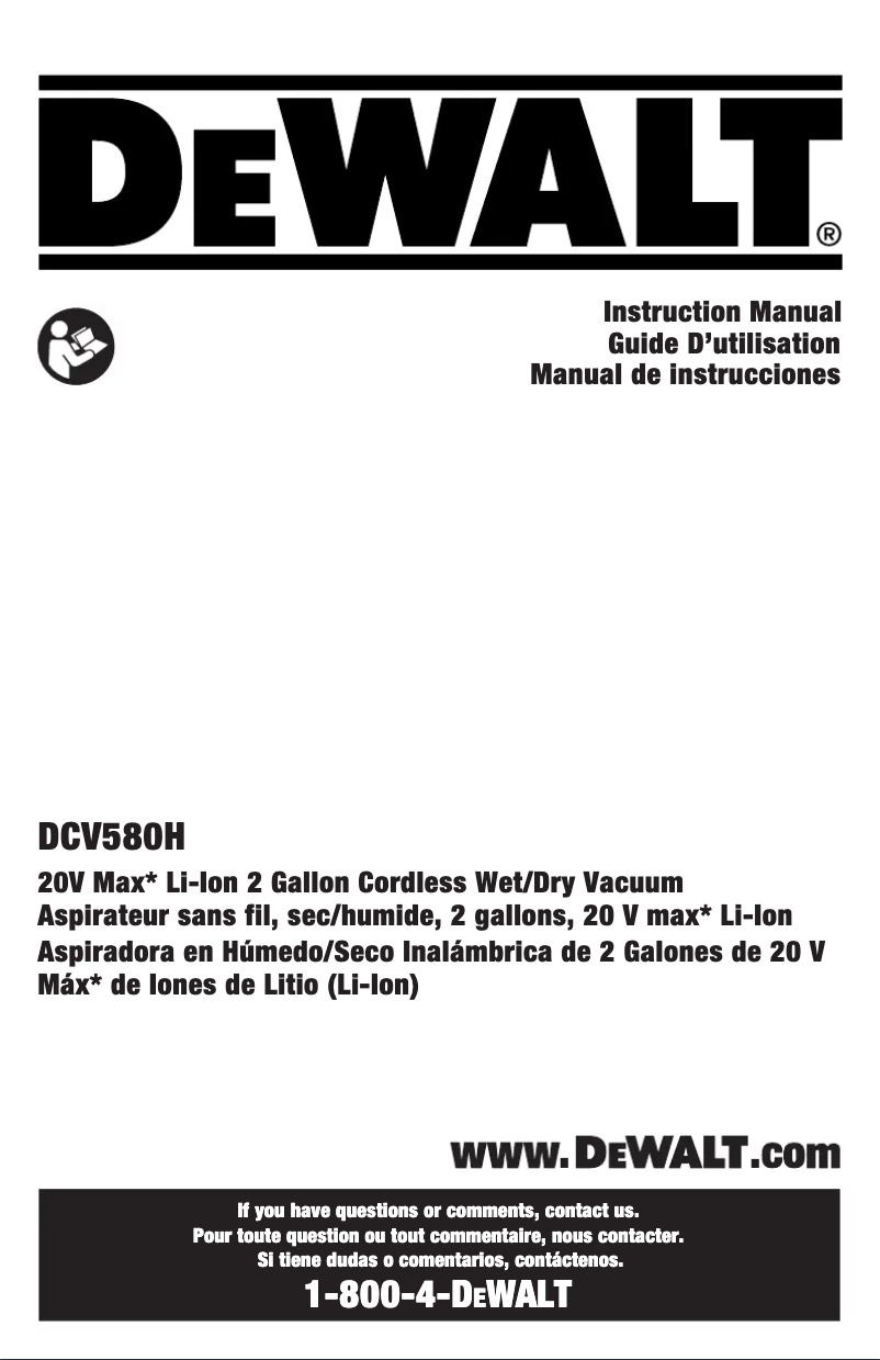 Page 1 de la notice Manuel utilisateur DeWalt DCV580H