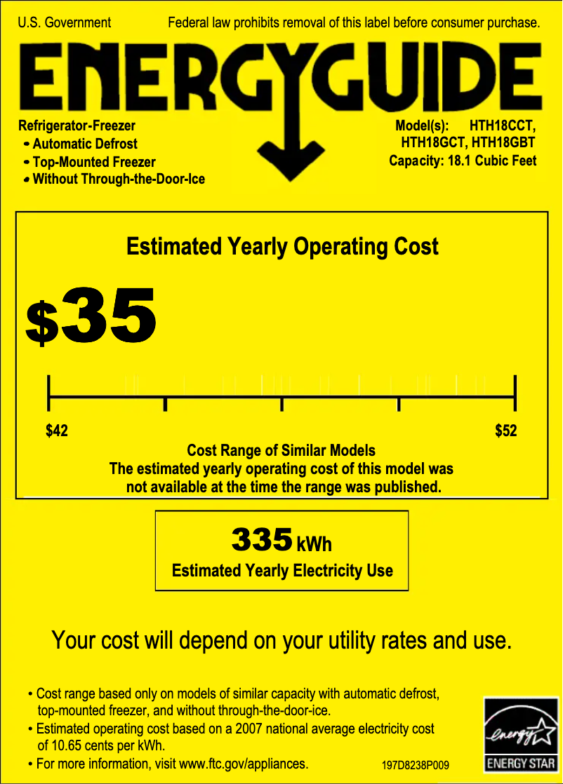 Page 1 de la notice Label énergétique Hotpoint HTH18GBTWW