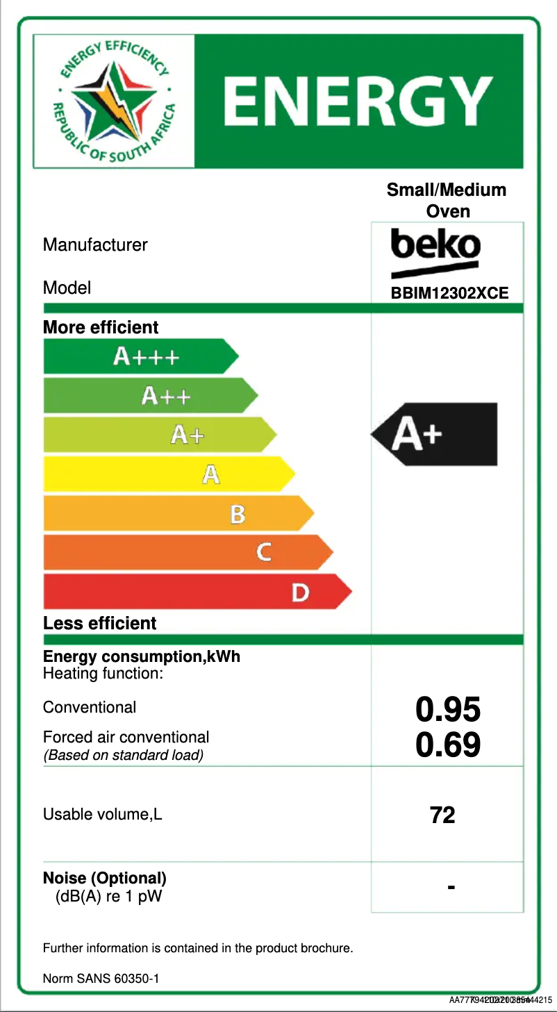 Page 1 de la notice Label énergétique Beko BBIM12302XCE