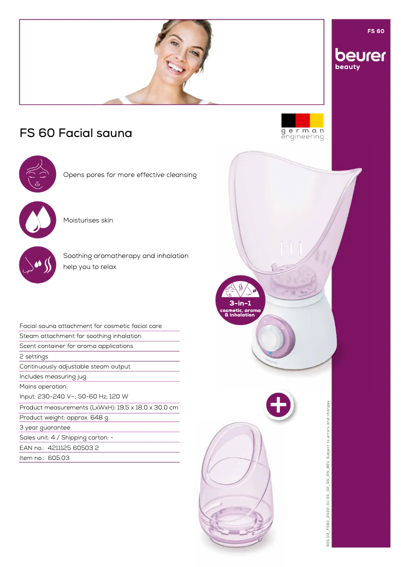 Page 1 de la notice Fiche technique Beurer FS 60