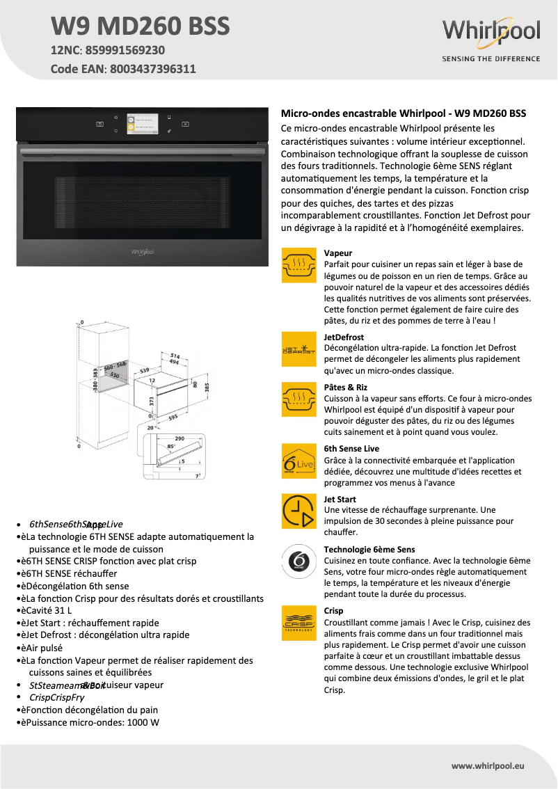Página 1 del manual Ficha técnica Whirlpool W9 MD260 BSS