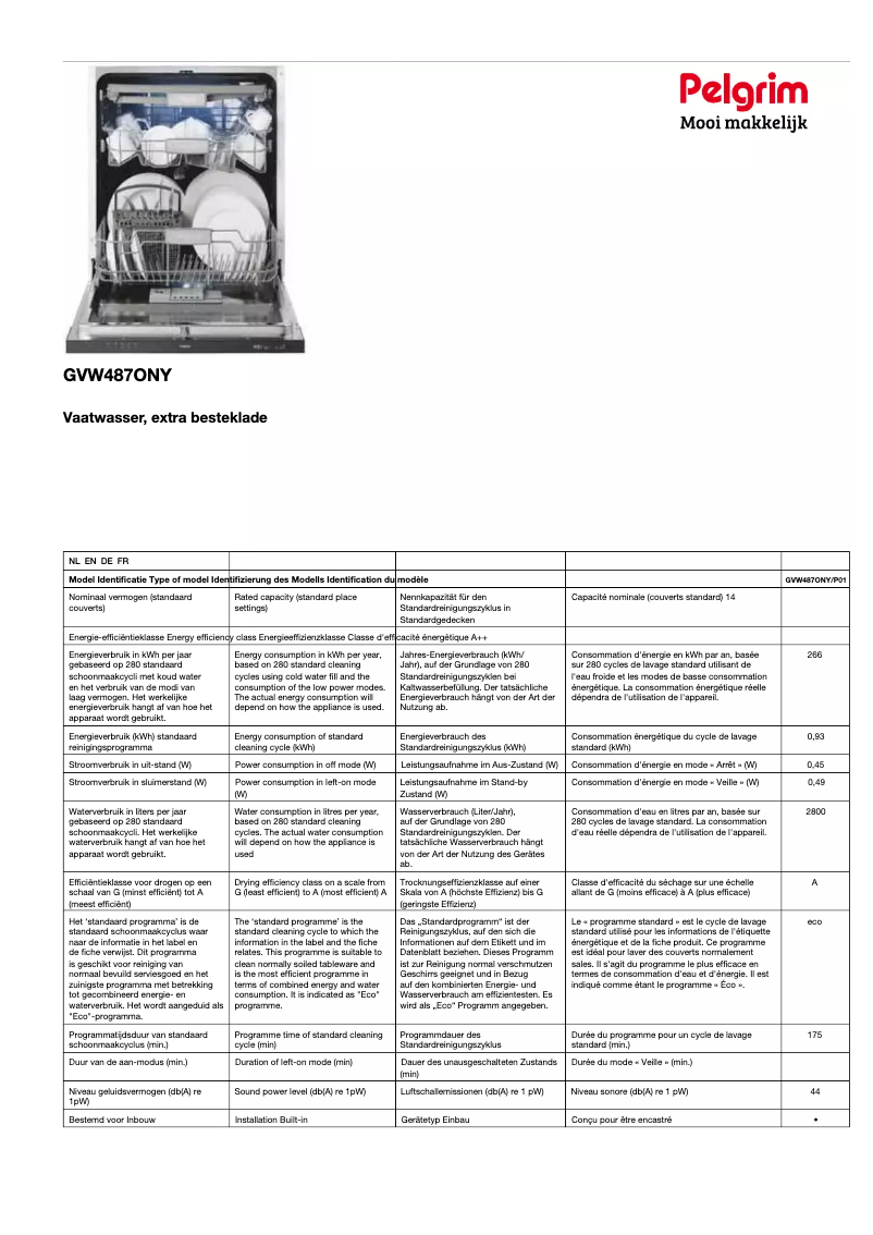 Page 1 de la notice Fiche technique Pelgrim GVW487ONY