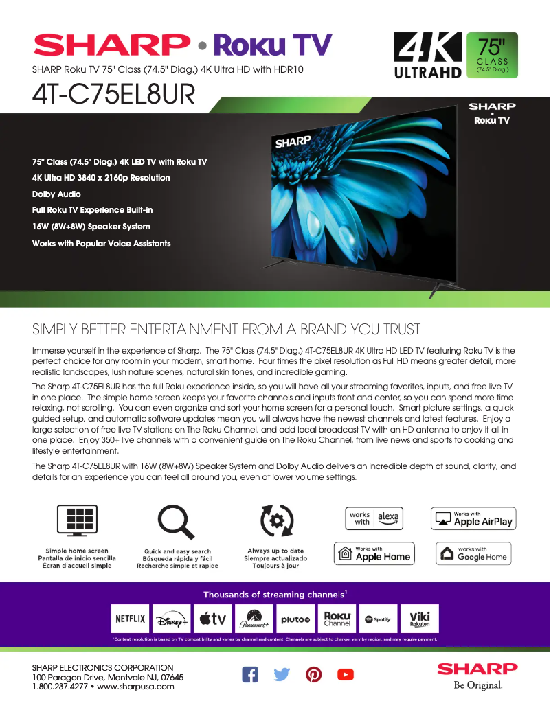 Page 1 de la notice Fiche technique Sharp 4T-C75EL8UR