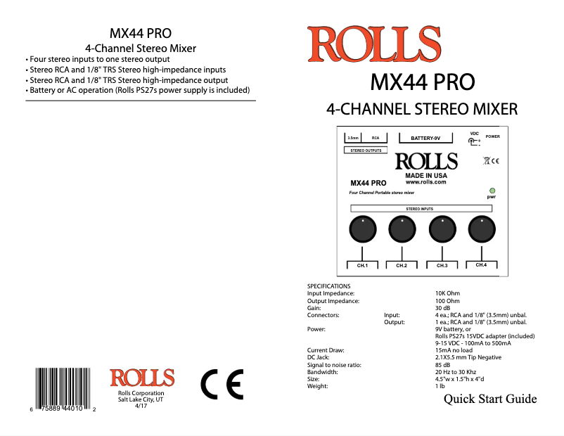 Page n°1 - Guide de démarrage rapide Rolls MX44 Pro