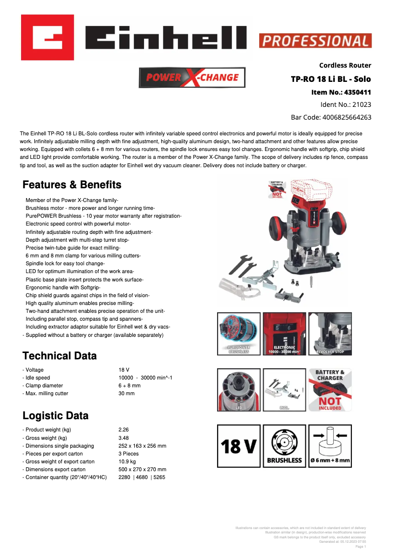 Page 1 de la notice Fiche technique Einhell TP-RO 18 Li BL