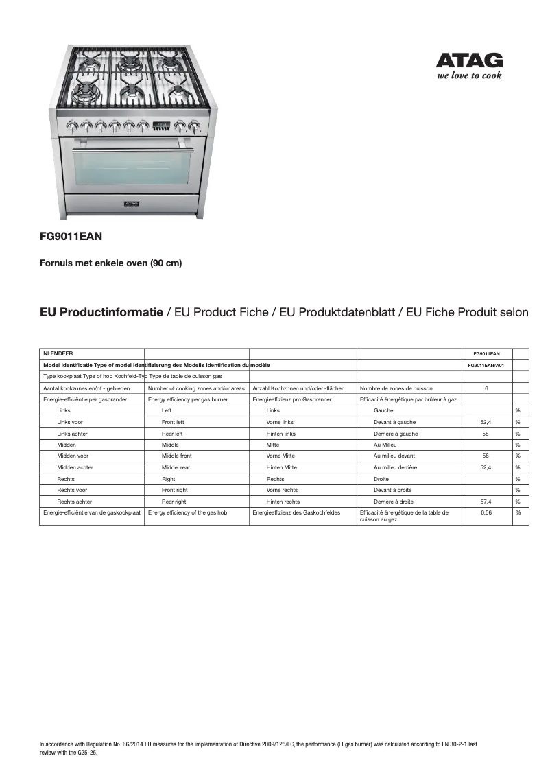 Page 1 de la notice Fiche technique Atag FG9011EAN