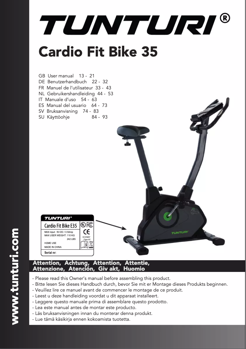 Image de la première page du manuel de l'appareil Cardio Fit bike E35