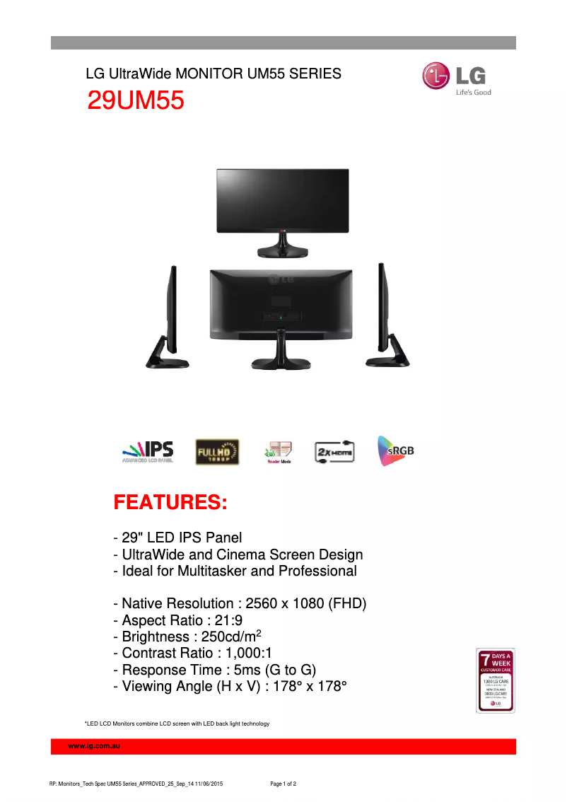 Página 1 del manual Ficha técnica LG 29UM55-P