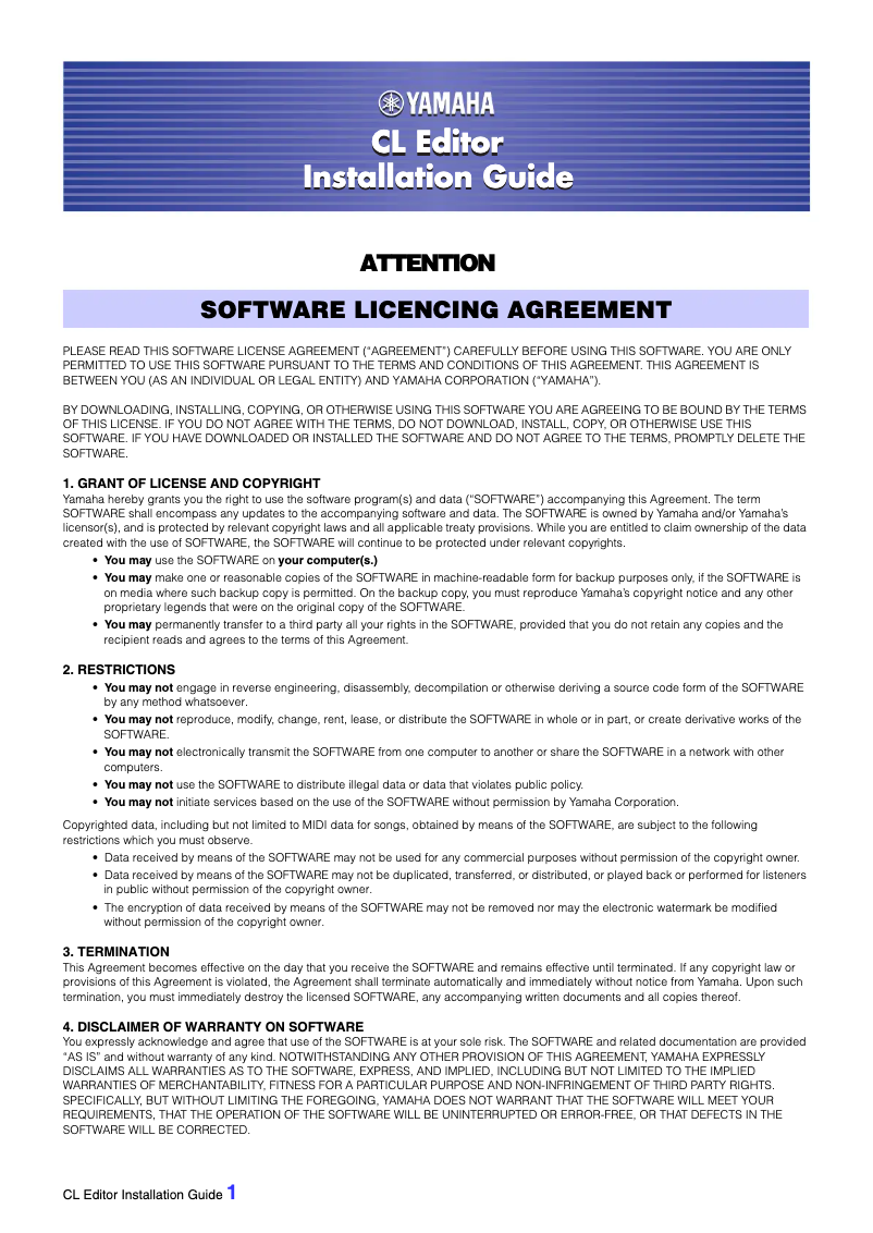 Page 1 de la notice Guide d'installation Yamaha CL5