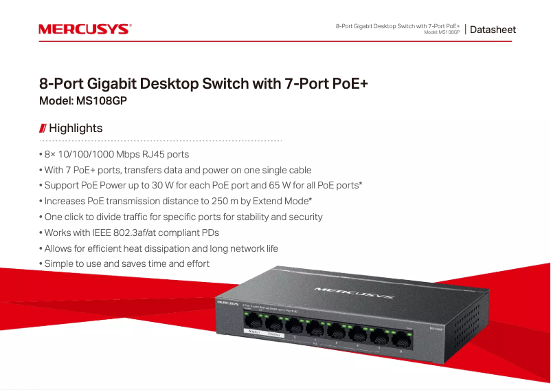 Page 1 de la notice Fiche technique Mercusys MS108GP