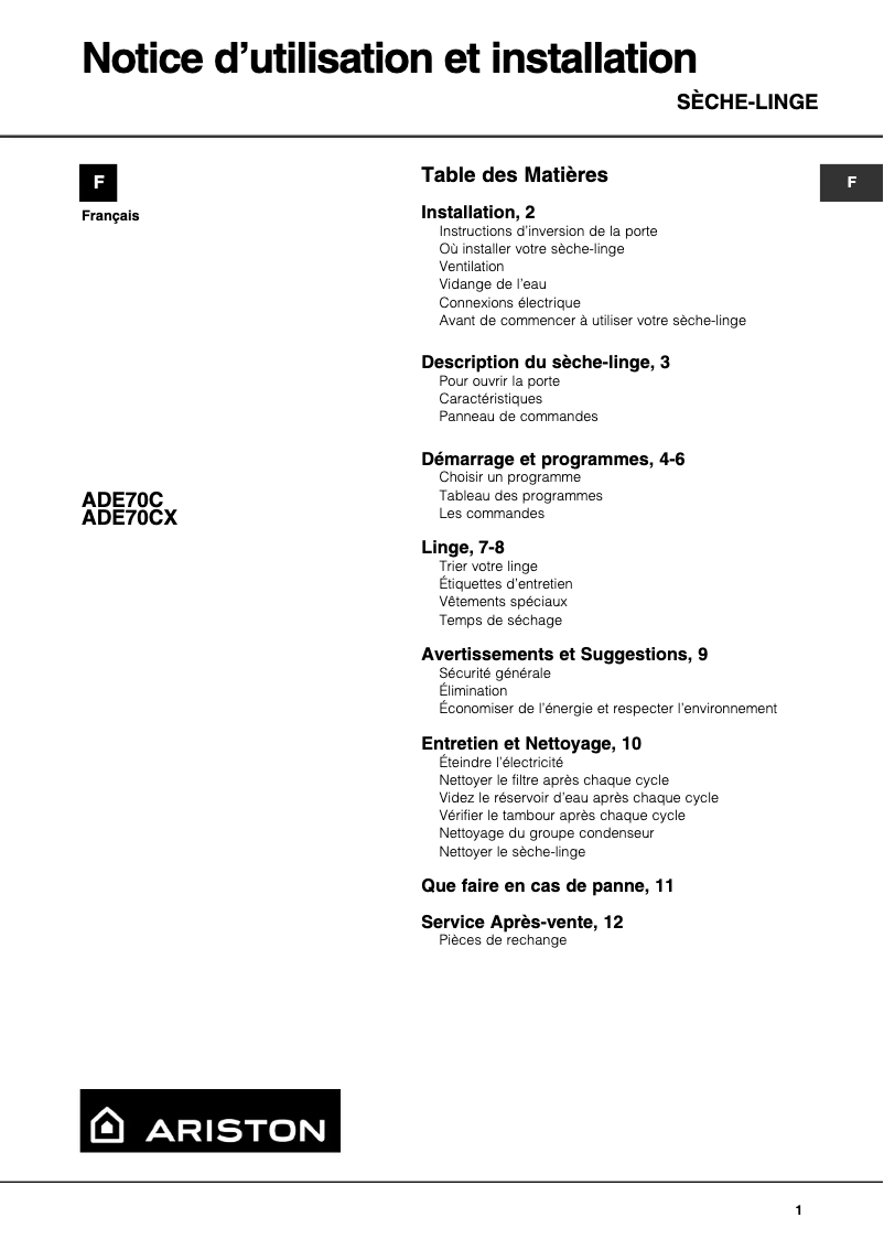 Página 1 del manual Manual de usuario Ariston Thermo ADE 70 CX