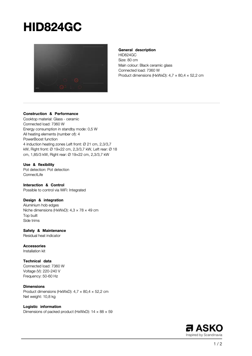 Page n°1 - Fiche technique Asko HID824GC