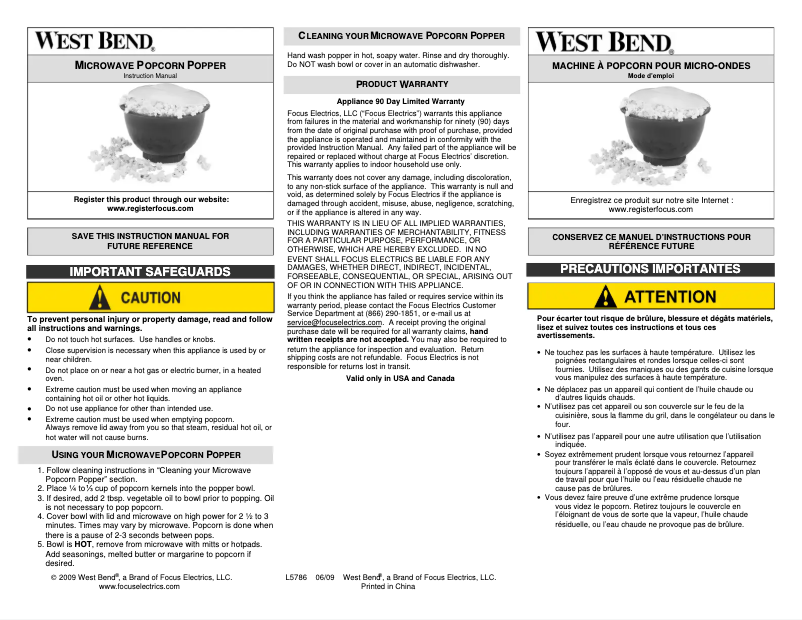 Page 1 de la notice Manuel utilisateur WestBend PC10691