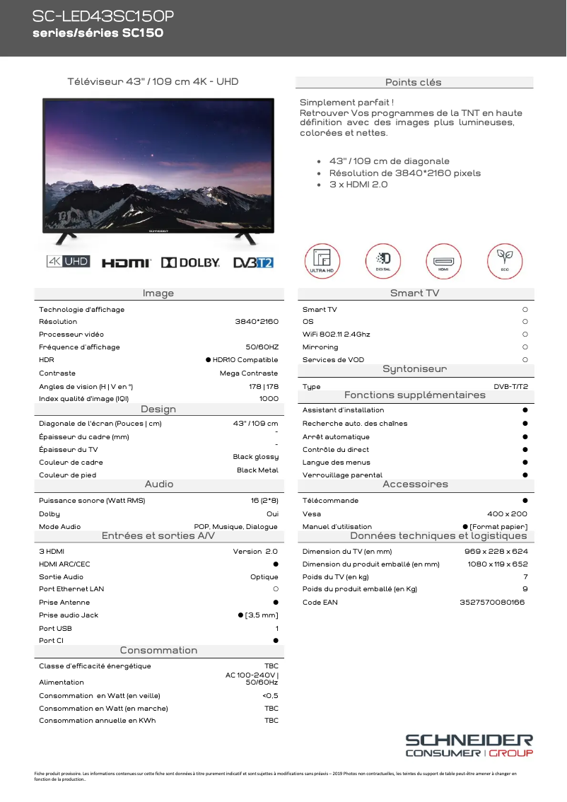 Page 1 de la notice Fiche technique Schneider SC-LED43SC150P