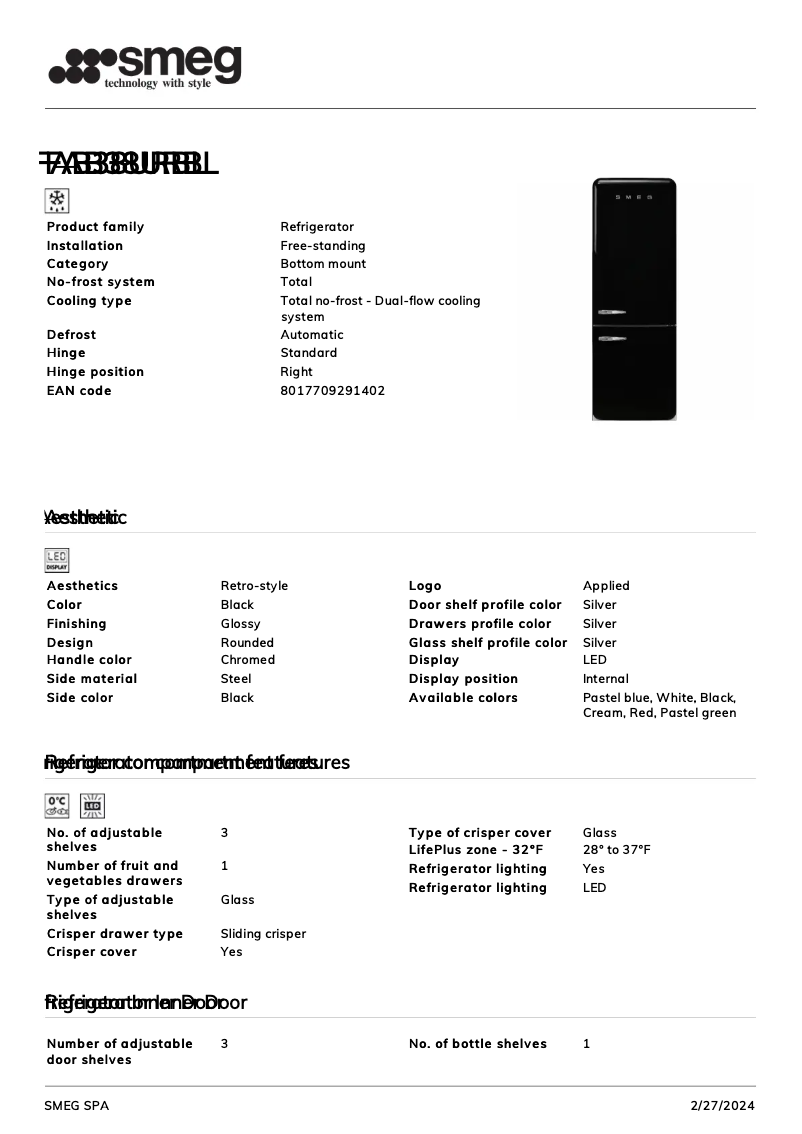 Page 1 de la notice Fiche technique Smeg FAB38URBL