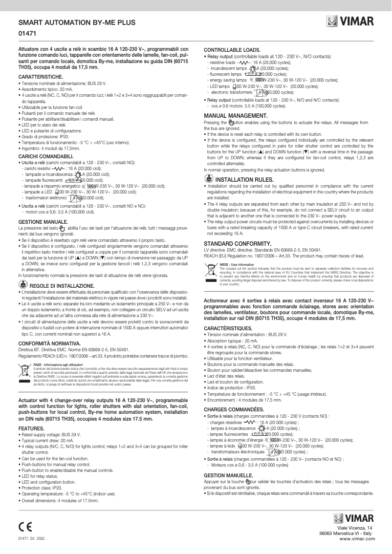 Page 1 de la notice Manuel utilisateur Vimar 01471