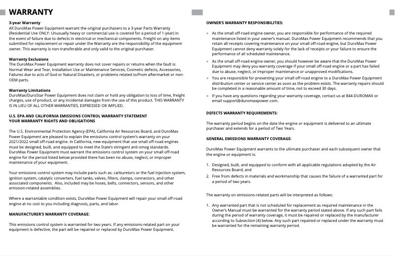 Page 1 of the manual Warranty Information DuroMax XP4850EH