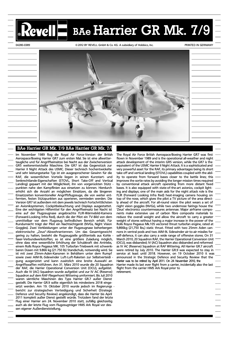 Page 1 de la notice Manuel utilisateur Revell BAe Harrier GR Mk.7