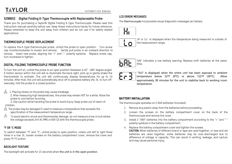 Page 1 de la notice Manuel utilisateur Taylor 5296652