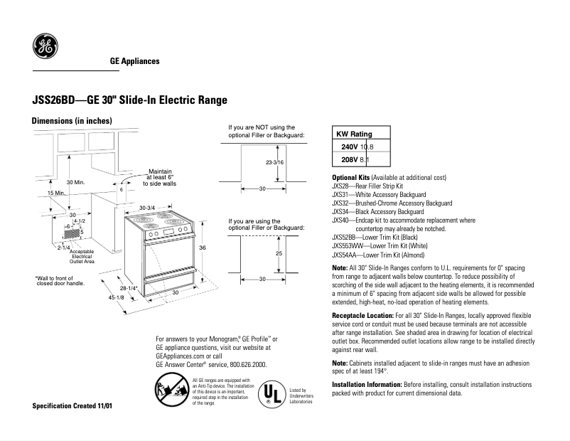Page 1 de la notice Fiche technique GE JSS26BWBB