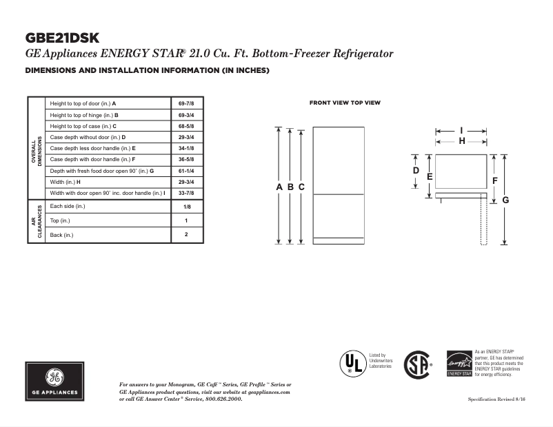 Página 1 del manual Ficha técnica GE GBE21DSKSS