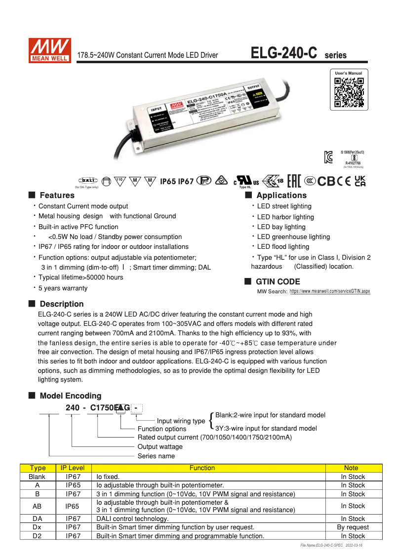 Page 1 de la notice Manuel utilisateur Mean Well ELG-240-C1400B-3Y