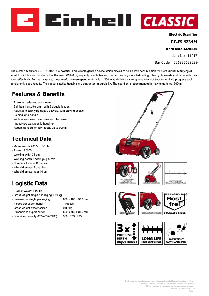 Page n°1 - Fiche technique Einhell GC-ES 1231/1