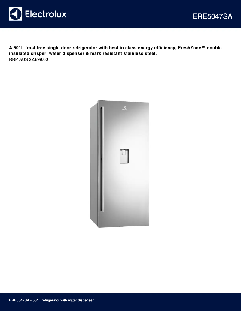 Page 1 de la notice Fiche technique Electrolux ERE5047SA