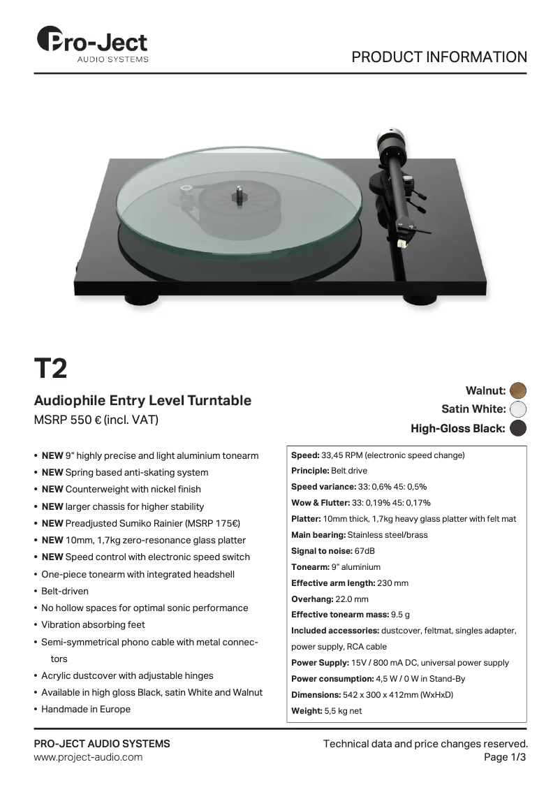 Page n°1 - Fiche technique Pro-Ject T2