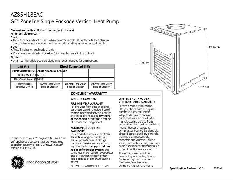 Page n°1 - Fiche technique GE AZ85H18EAC Zoneline