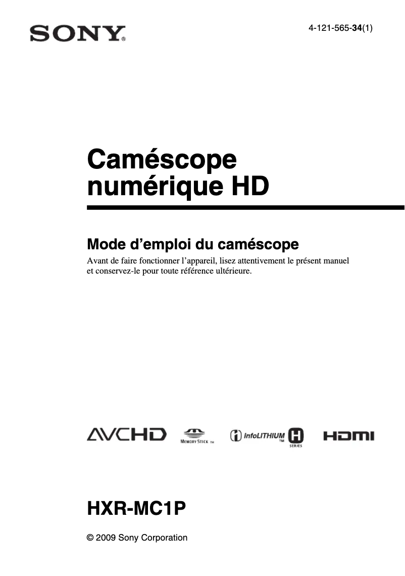 Page 1 de la notice Manuel utilisateur Sony HXR-MC1P