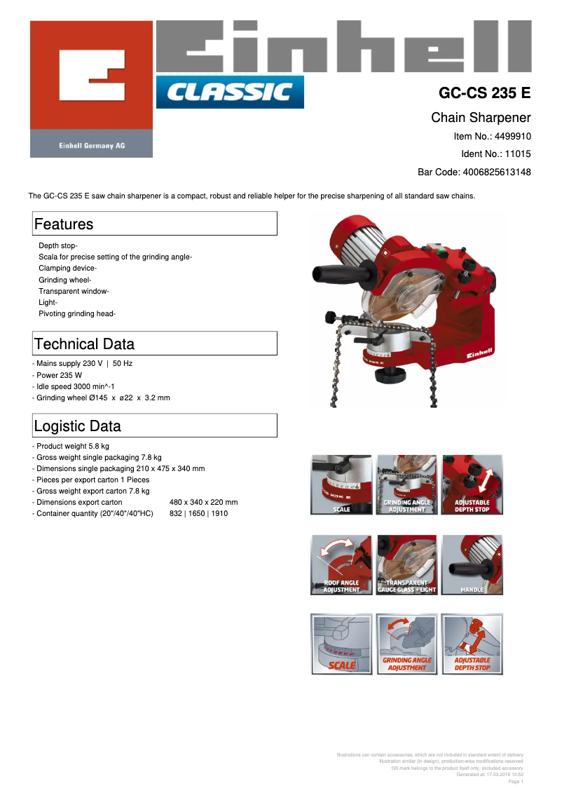 Página 1 del manual Ficha técnica Einhell GC-CS 235 E